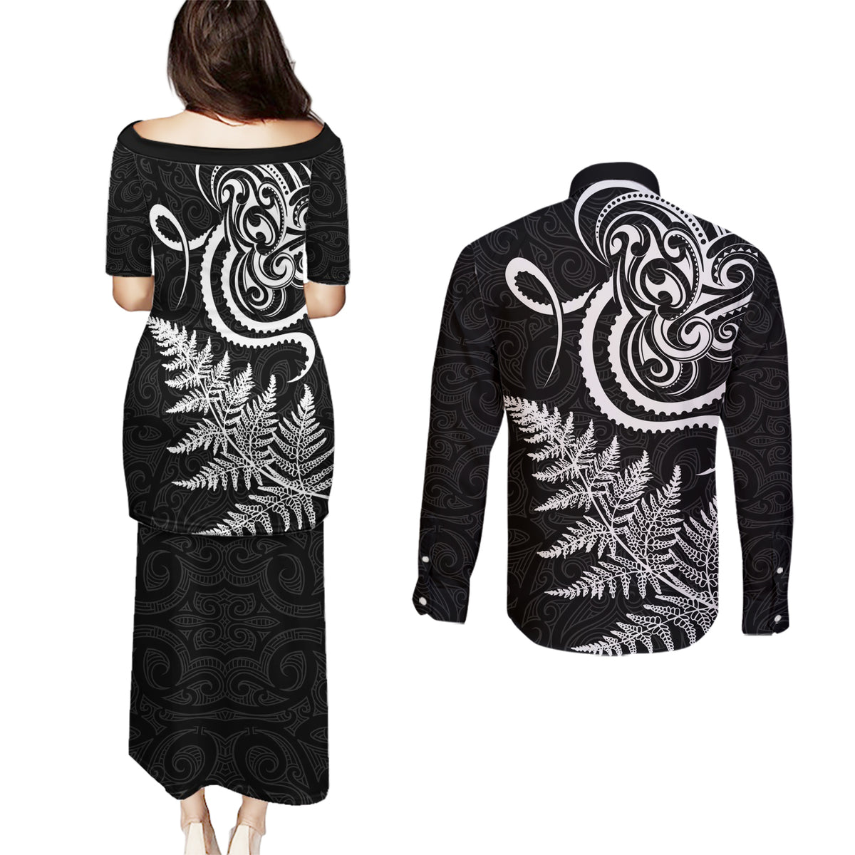 New Zealand Octopus Tattoo and Fern Couples Matching Puletasi and Long Sleeve Button Shirt Maori Pattern