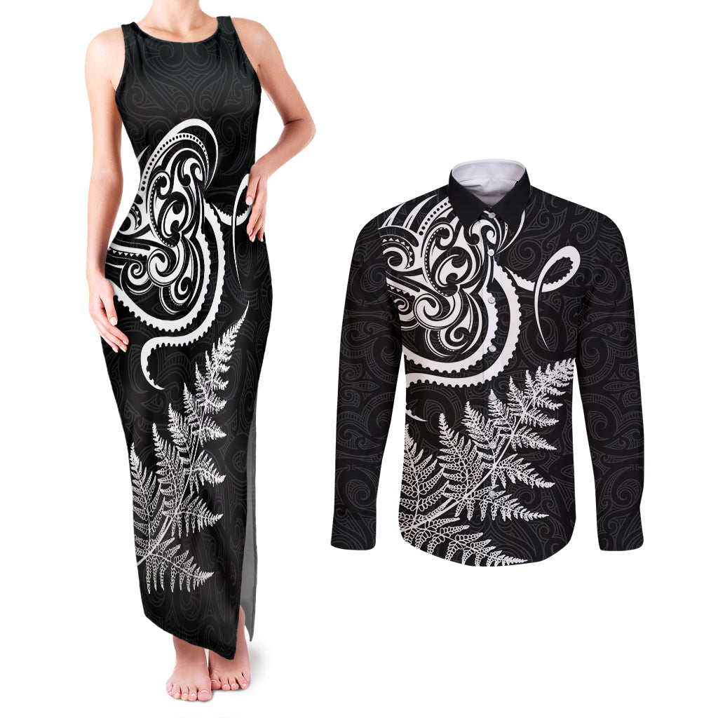 New Zealand Octopus Tattoo and Fern Couples Matching Tank Maxi Dress and Long Sleeve Button Shirt Maori Pattern LT03 Black - Polynesian Pride