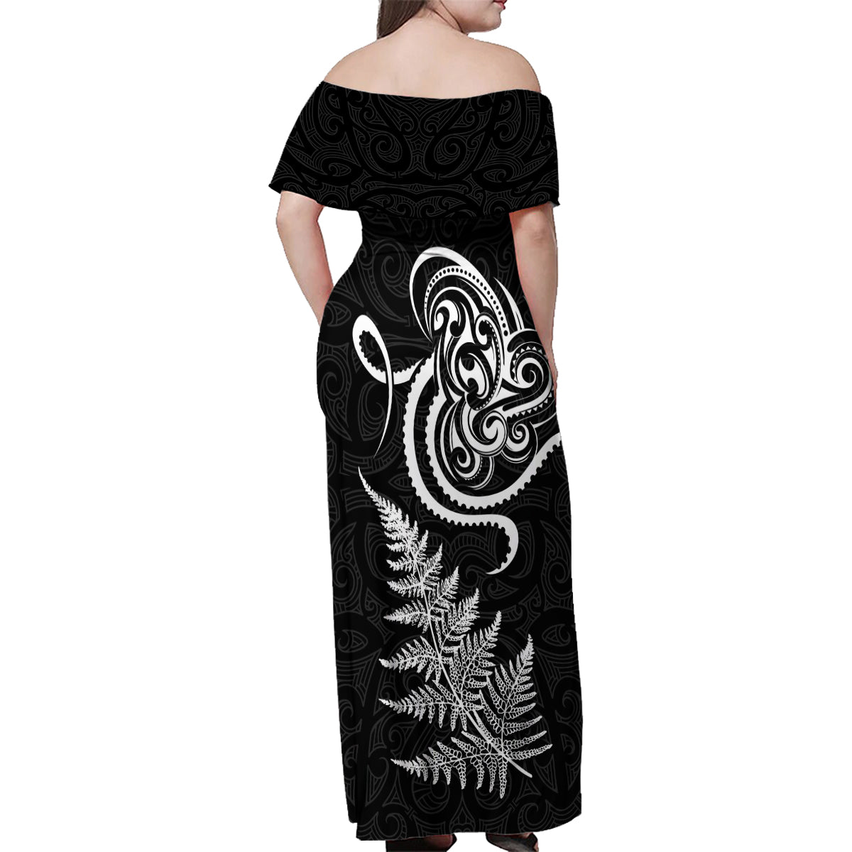 New Zealand Octopus Tattoo and Fern Family Matching Off Shoulder Maxi Dress and Hawaiian Shirt Maori Pattern LT03 - Polynesian Pride