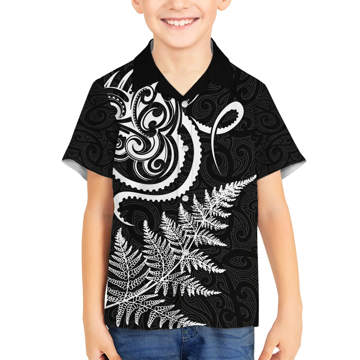 New Zealand Octopus Tattoo and Fern Family Matching Off Shoulder Maxi Dress and Hawaiian Shirt Maori Pattern LT03 Son's Shirt Black - Polynesian Pride