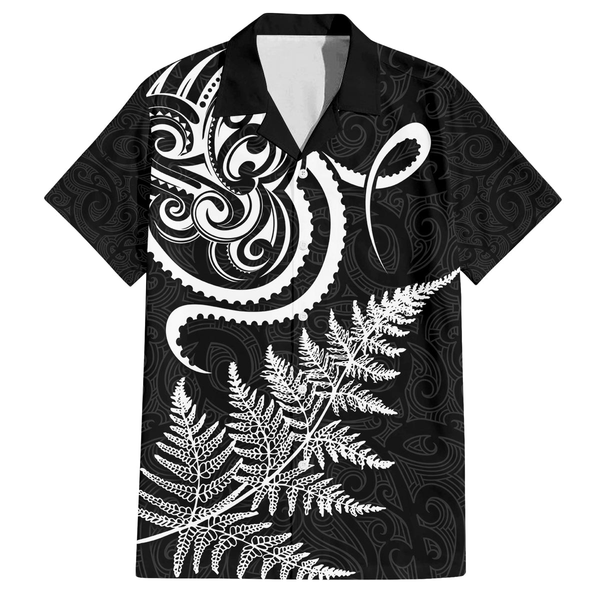 New Zealand Octopus Tattoo and Fern Family Matching Off Shoulder Short Dress and Hawaiian Shirt Maori Pattern LT03 Dad's Shirt - Short Sleeve Black - Polynesian Pride