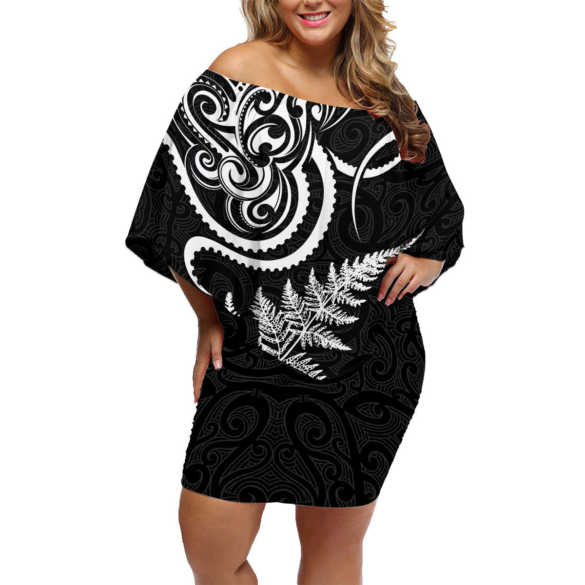 New Zealand Octopus Tattoo and Fern Family Matching Off Shoulder Short Dress and Hawaiian Shirt Maori Pattern LT03 Mom's Dress Black - Polynesian Pride