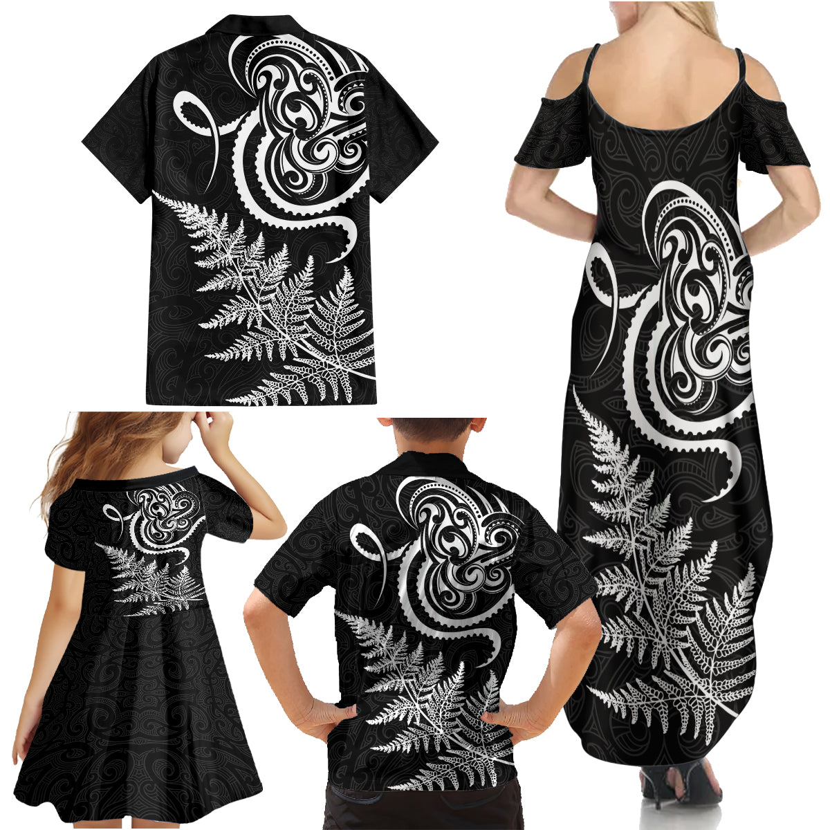 New Zealand Octopus Tattoo and Fern Family Matching Summer Maxi Dress and Hawaiian Shirt Maori Pattern LT03 - Polynesian Pride