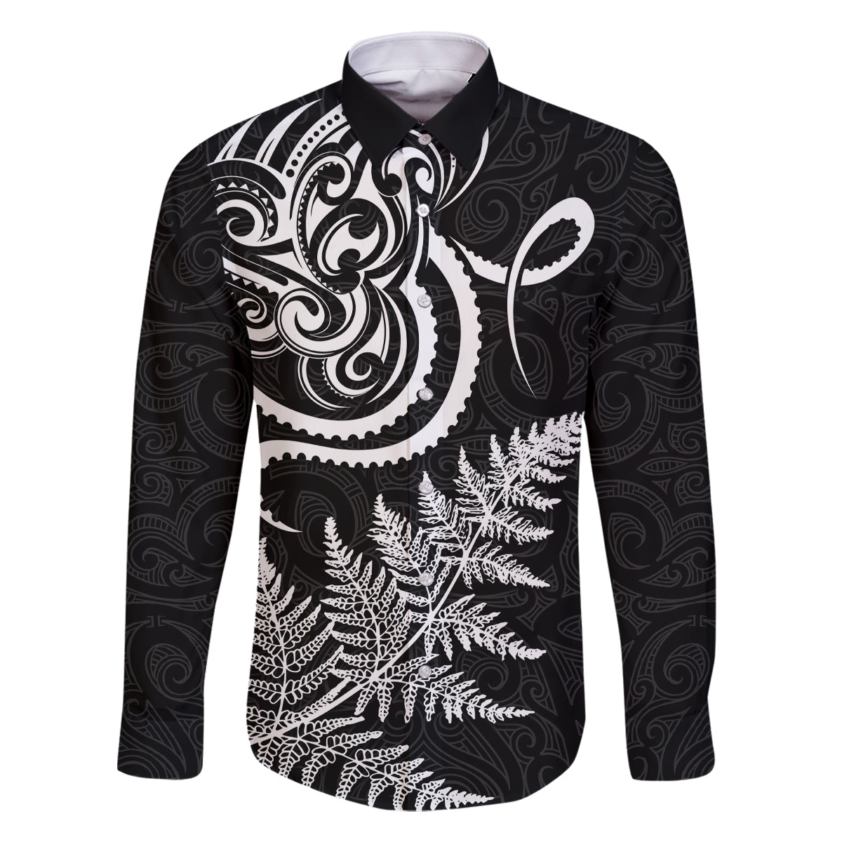 New Zealand Octopus Tattoo and Fern Family Matching Tank Maxi Dress and Hawaiian Shirt Maori Pattern LT03 Dad's Shirt - Long Sleeve Black - Polynesian Pride