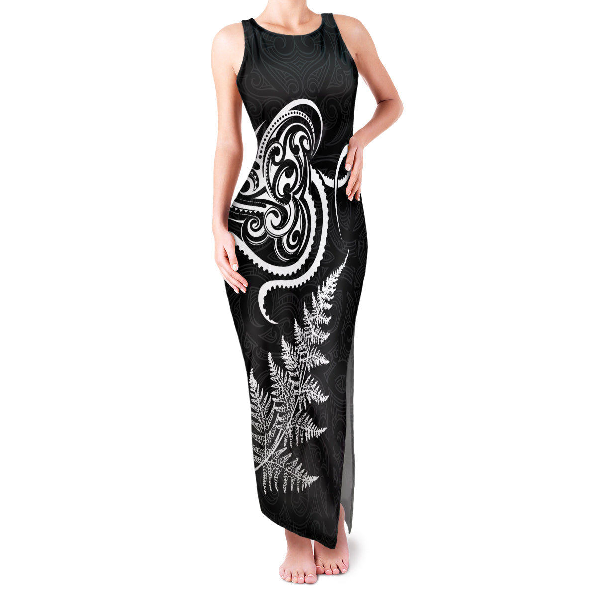 New Zealand Octopus Tattoo and Fern Family Matching Tank Maxi Dress and Hawaiian Shirt Maori Pattern LT03 Mom's Dress Black - Polynesian Pride