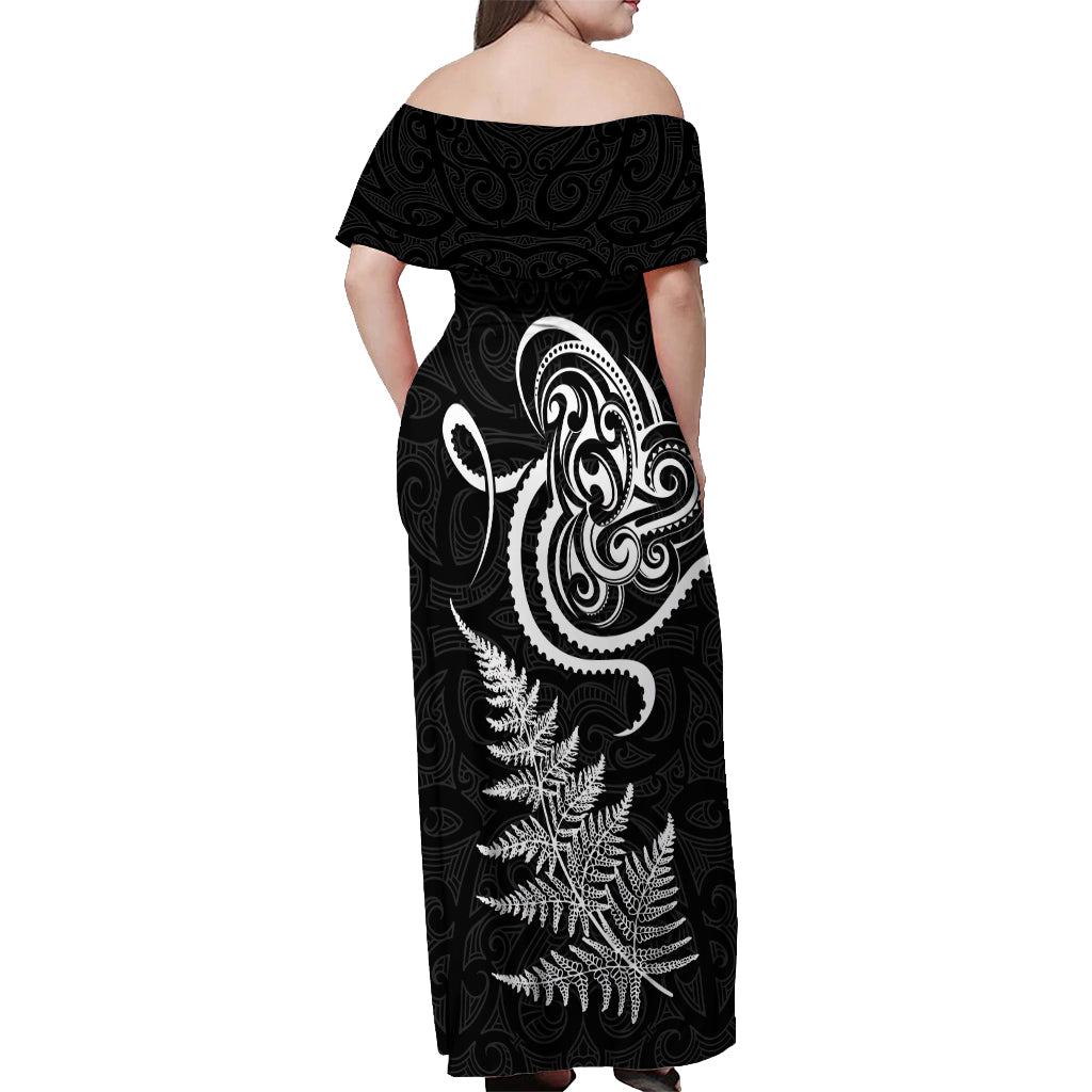 New Zealand Octopus Tattoo and Fern Off Shoulder Maxi Dress Maori Pattern