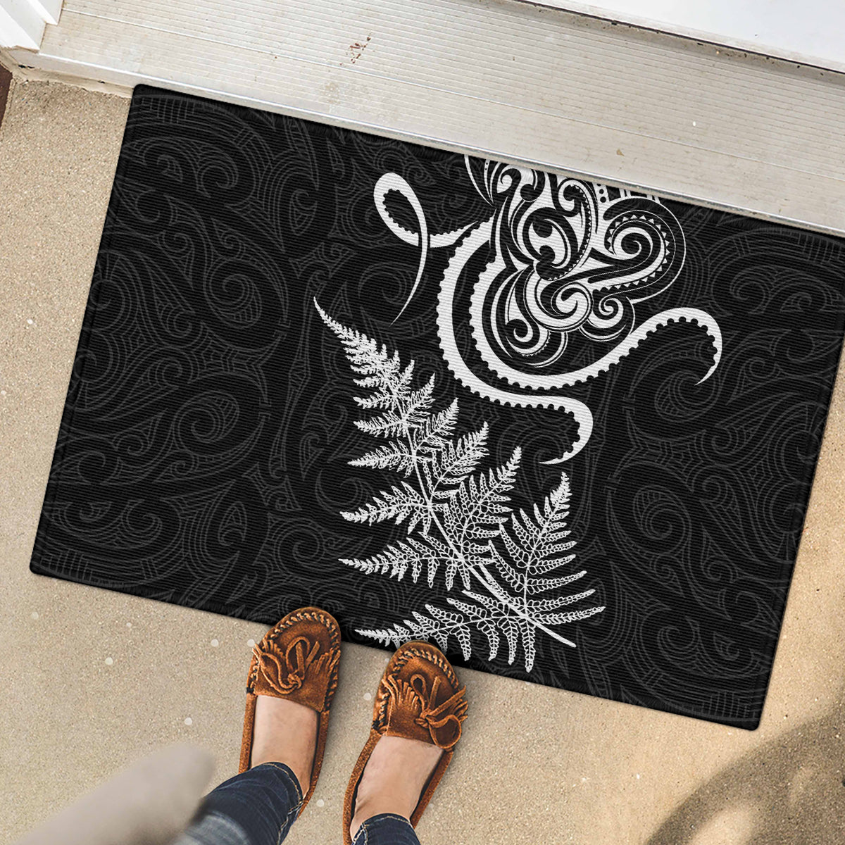 New Zealand Octopus Tattoo and Fern Rubber Doormat Maori Pattern