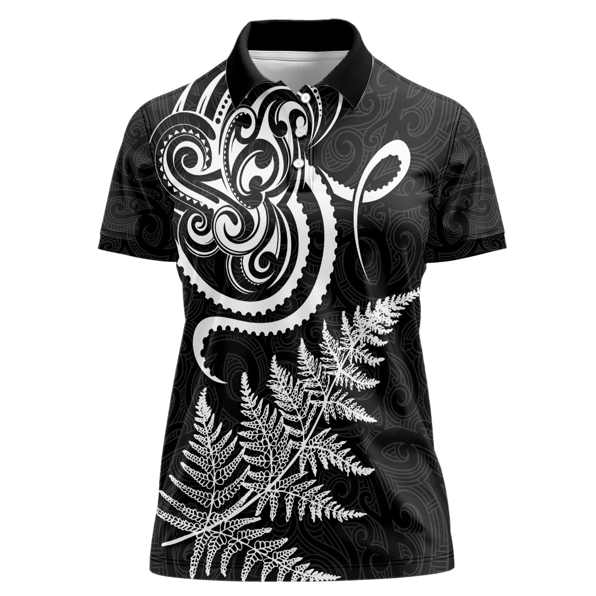 New Zealand Octopus Tattoo and Fern Women Polo Shirt Maori Pattern