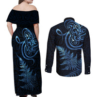 New Zealand Octopus Tattoo and Fern Couples Matching Off Shoulder Maxi Dress and Long Sleeve Button Shirt Maori Pattern Matariki Style LT03 - Polynesian Pride
