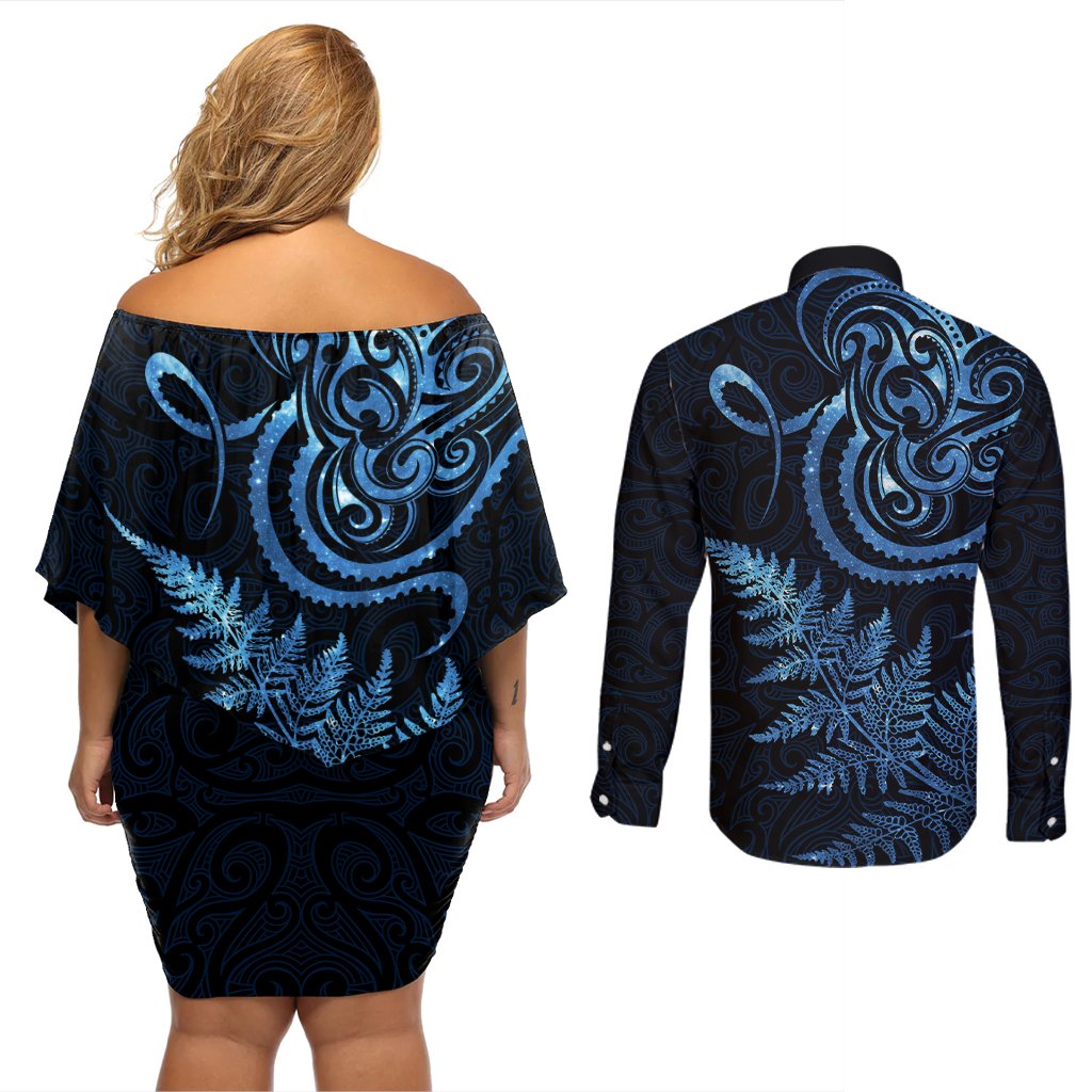 New Zealand Octopus Tattoo and Fern Couples Matching Off Shoulder Short Dress and Long Sleeve Button Shirt Maori Pattern Matariki Style LT03 - Polynesian Pride