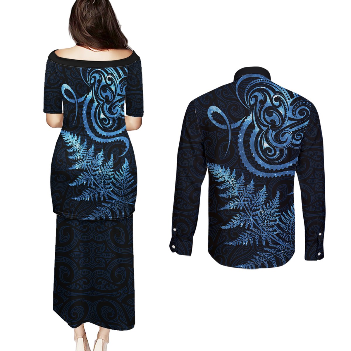 New Zealand Octopus Tattoo and Fern Couples Matching Puletasi and Long Sleeve Button Shirt Maori Pattern Matariki Style LT03 - Polynesian Pride