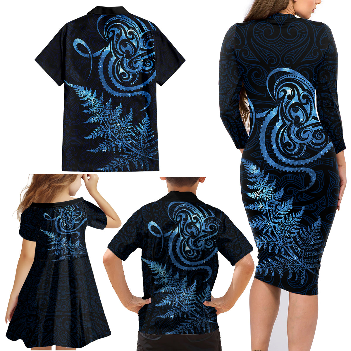 New Zealand Octopus Tattoo and Fern Family Matching Long Sleeve Bodycon Dress and Hawaiian Shirt Maori Pattern Matariki Style LT03 - Polynesian Pride