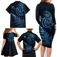 New Zealand Octopus Tattoo and Fern Family Matching Long Sleeve Bodycon Dress and Hawaiian Shirt Maori Pattern Matariki Style LT03 - Polynesian Pride