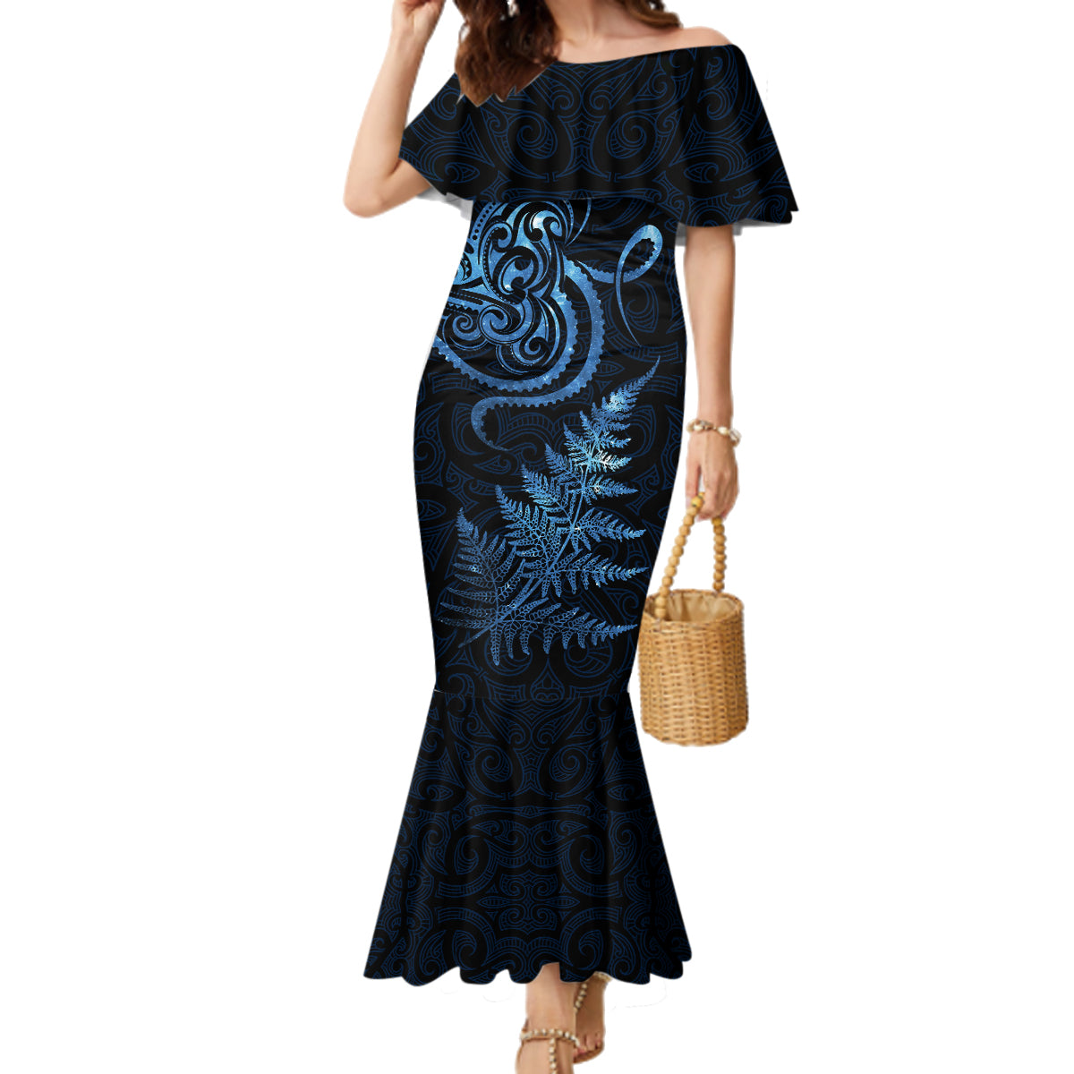 New Zealand Octopus Tattoo and Fern Family Matching Mermaid Dress and Hawaiian Shirt Maori Pattern Matariki Style LT03 Mom's Dress Blue - Polynesian Pride