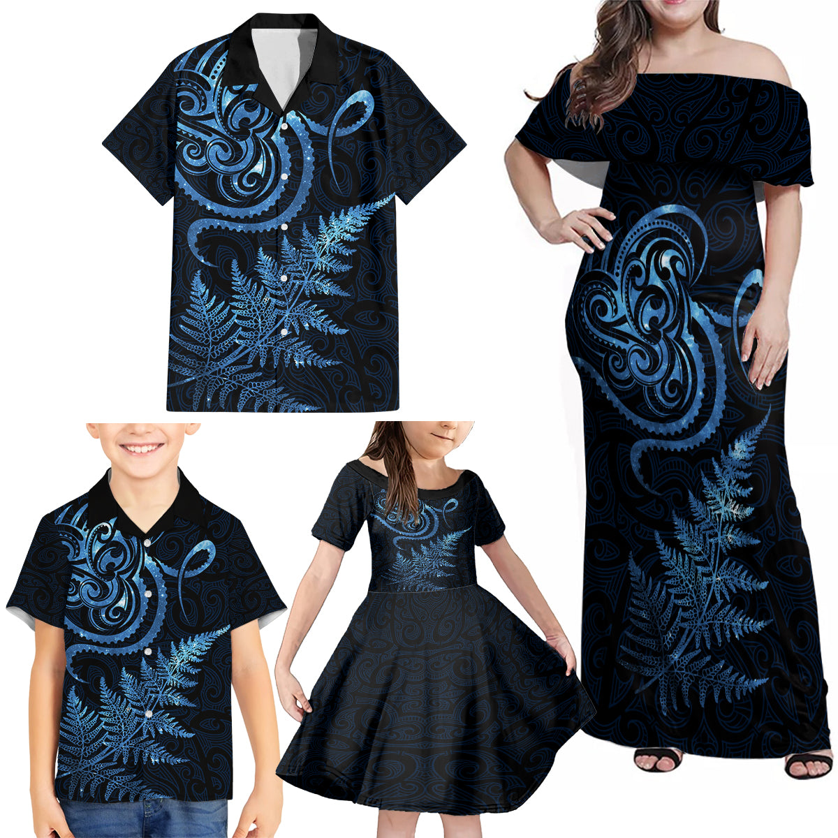 New Zealand Octopus Tattoo and Fern Family Matching Off Shoulder Maxi Dress and Hawaiian Shirt Maori Pattern Matariki Style LT03 - Polynesian Pride