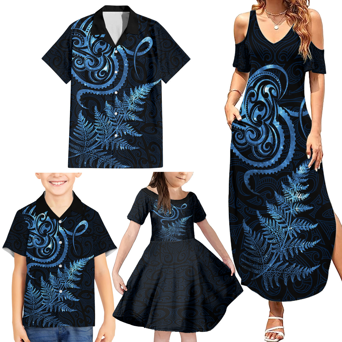 New Zealand Octopus Tattoo and Fern Family Matching Summer Maxi Dress and Hawaiian Shirt Maori Pattern Matariki Style LT03 - Polynesian Pride