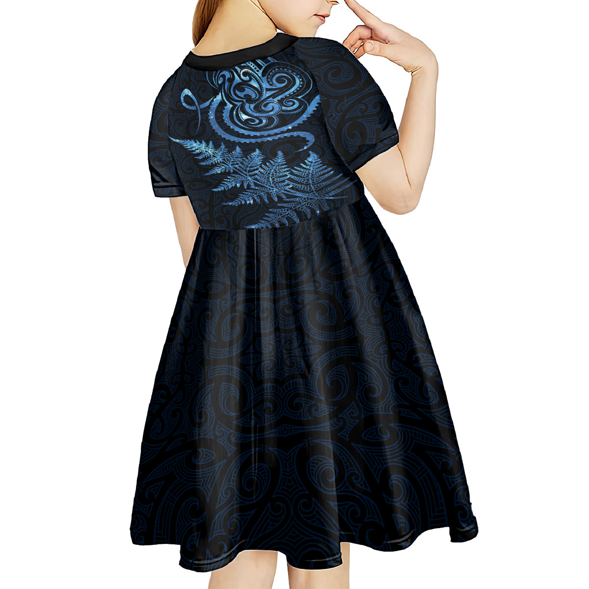 New Zealand Octopus Tattoo and Fern Kid Short Sleeve Dress Maori Pattern Matariki Style LT03 - Polynesian Pride