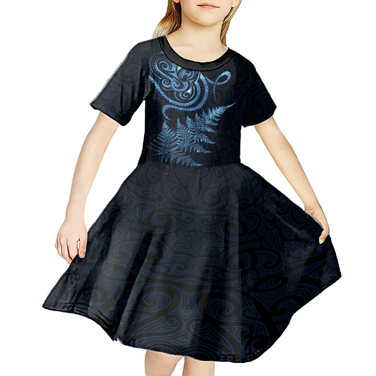 New Zealand Octopus Tattoo and Fern Kid Short Sleeve Dress Maori Pattern Matariki Style LT03 - Polynesian Pride