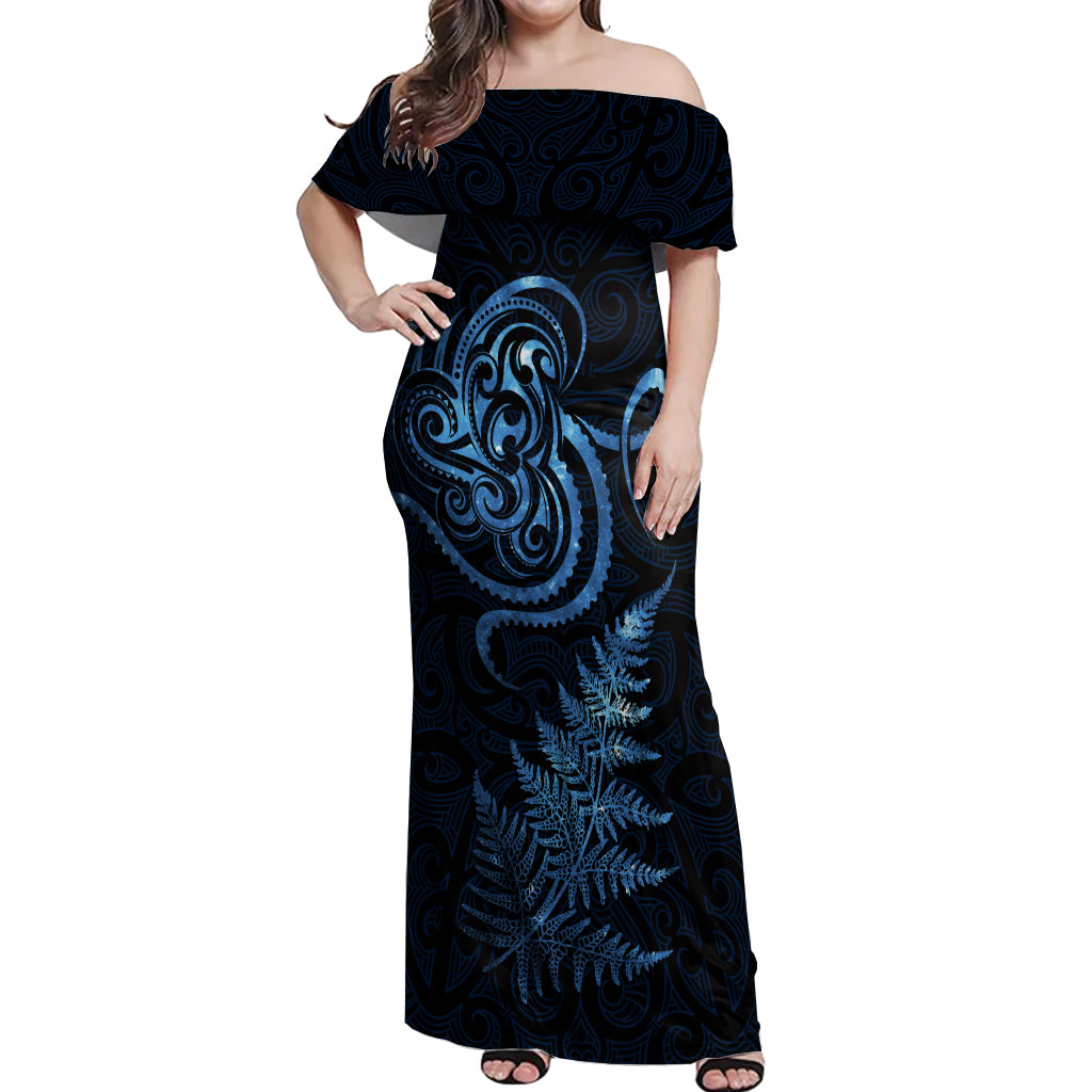 New Zealand Octopus Tattoo and Fern Off Shoulder Maxi Dress Maori Pattern Matariki Style LT03 Women Blue - Polynesian Pride