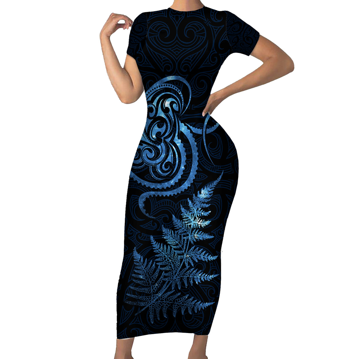 New Zealand Octopus Tattoo and Fern Short Sleeve Bodycon Dress Maori Pattern Matariki Style LT03 Long Dress Blue - Polynesian Pride