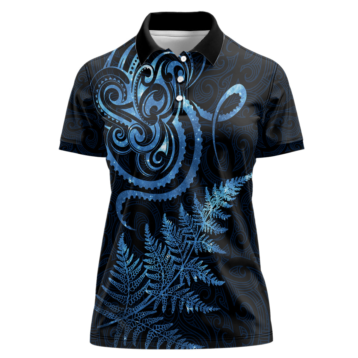 New Zealand Octopus Tattoo and Fern Women Polo Shirt Maori Pattern Matariki Style