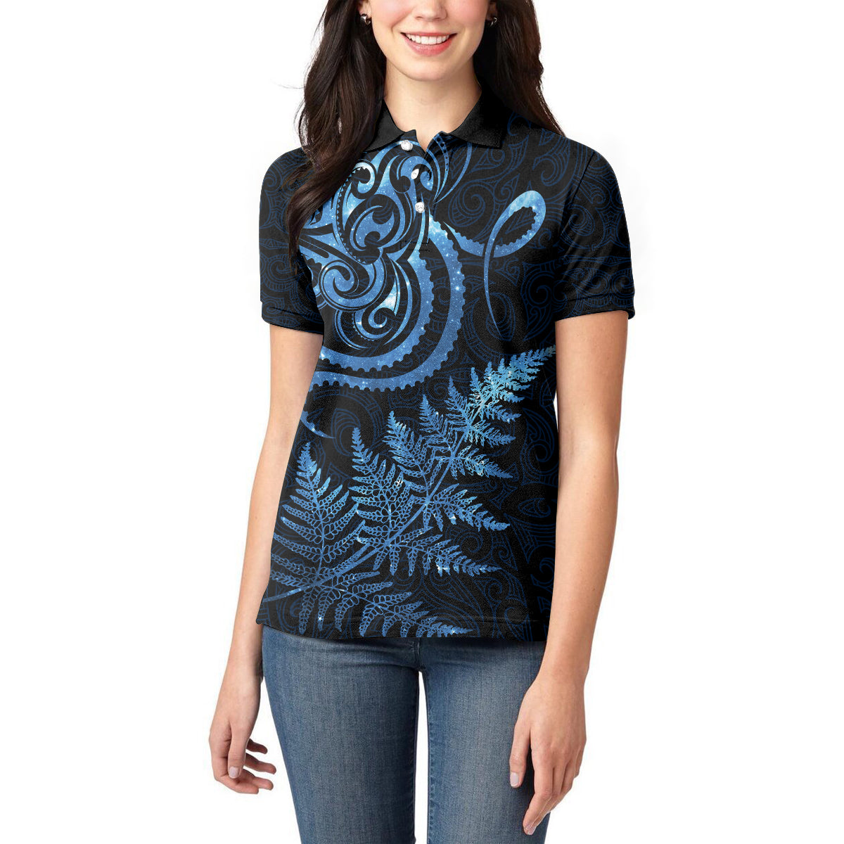 New Zealand Octopus Tattoo and Fern Women Polo Shirt Maori Pattern Matariki Style