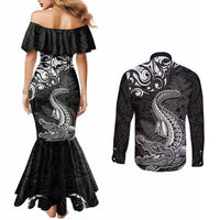 New Zealand Crocodile Tattoo and Fern Couples Matching Mermaid Dress and Long Sleeve Button Shirt Maori Pattern