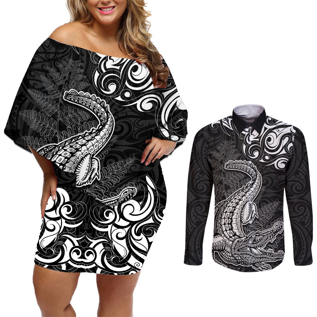 New Zealand Crocodile Tattoo and Fern Couples Matching Off Shoulder Short Dress and Long Sleeve Button Shirt Maori Pattern