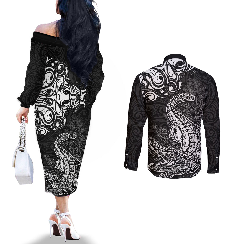 New Zealand Crocodile Tattoo and Fern Couples Matching Off The Shoulder Long Sleeve Dress and Long Sleeve Button Shirt Maori Pattern
