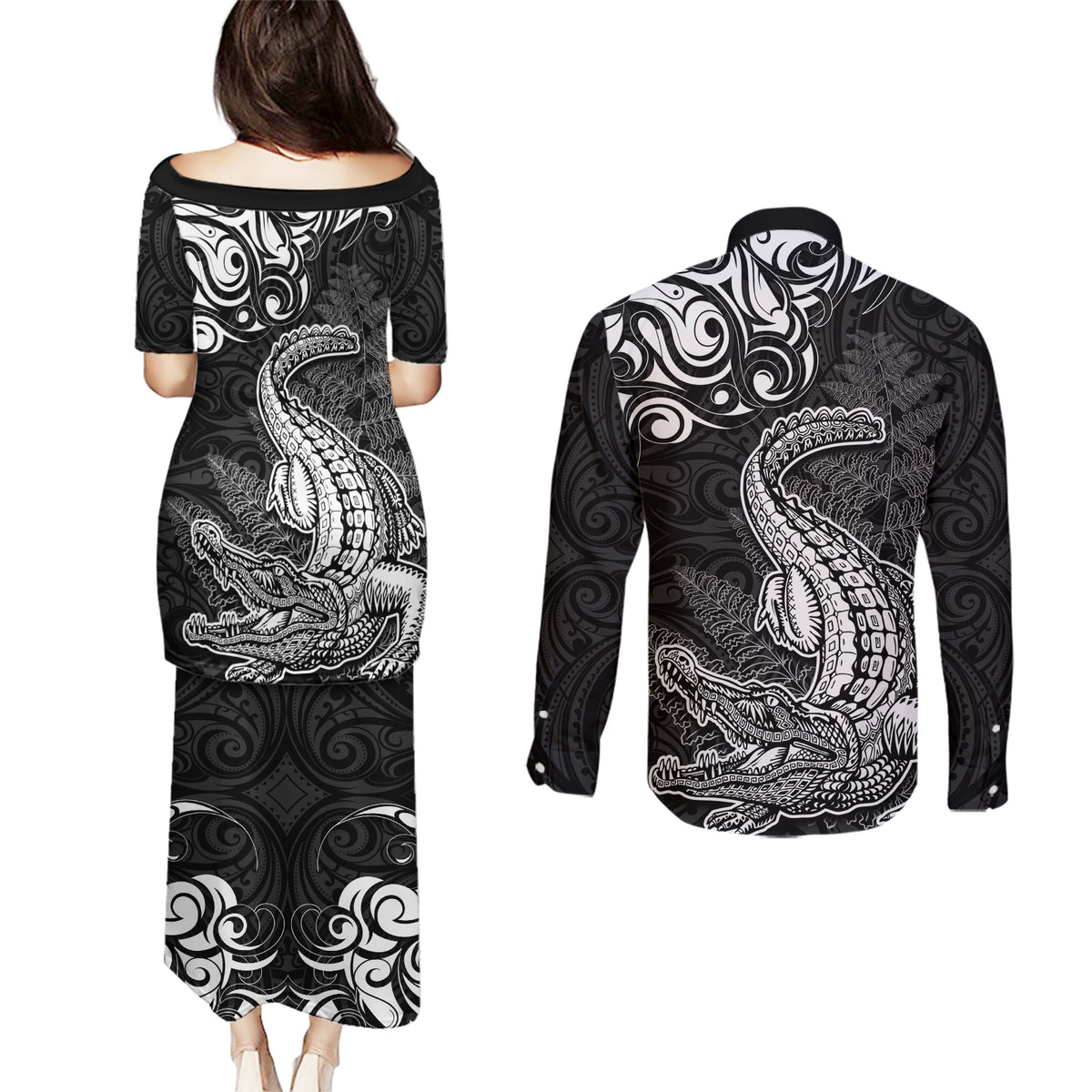 New Zealand Crocodile Tattoo and Fern Couples Matching Puletasi and Long Sleeve Button Shirt Maori Pattern LT03 - Polynesian Pride