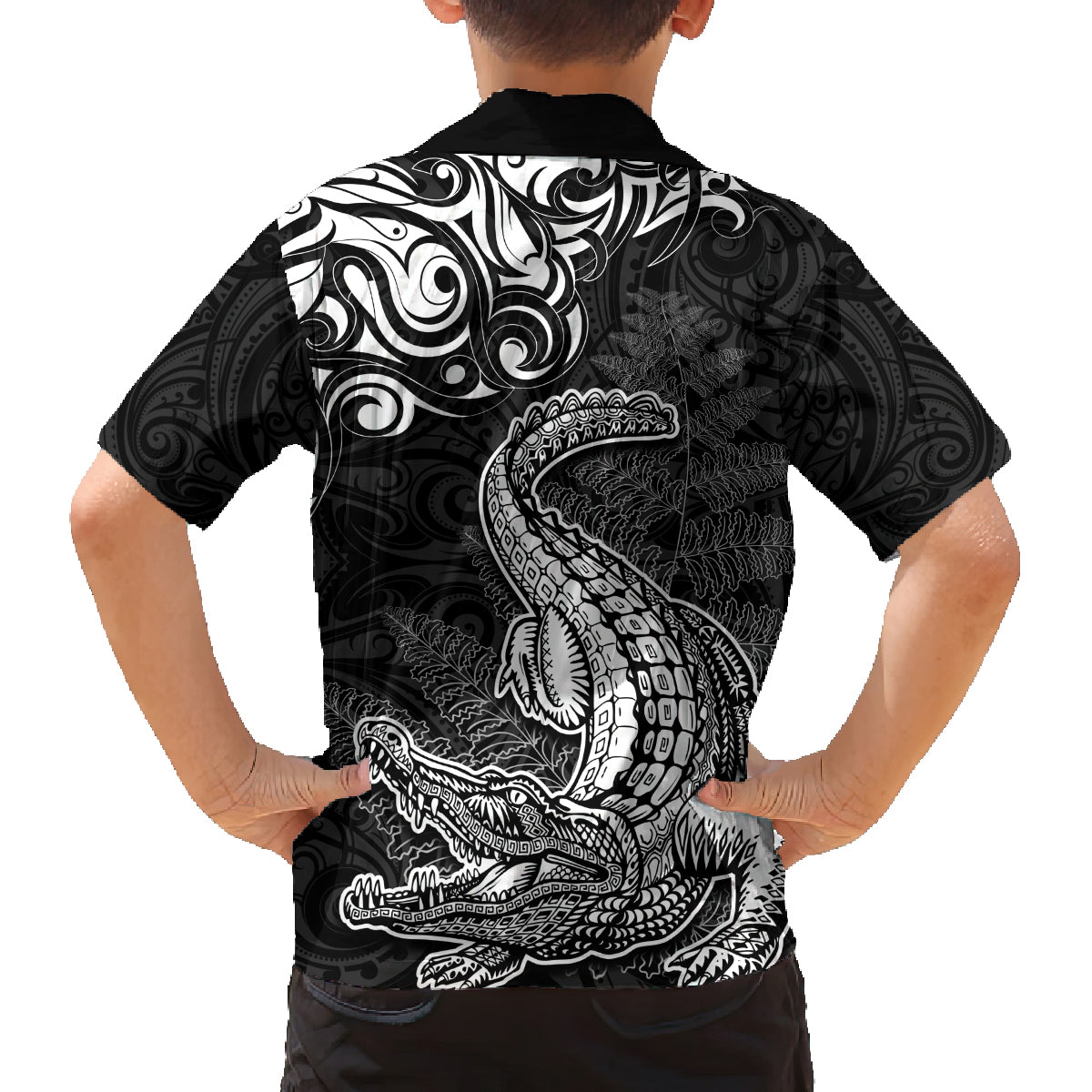 New Zealand Crocodile Tattoo and Fern Family Matching Long Sleeve Bodycon Dress and Hawaiian Shirt Maori Pattern LT03 - Polynesian Pride