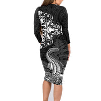 New Zealand Crocodile Tattoo and Fern Family Matching Long Sleeve Bodycon Dress and Hawaiian Shirt Maori Pattern LT03 - Polynesian Pride