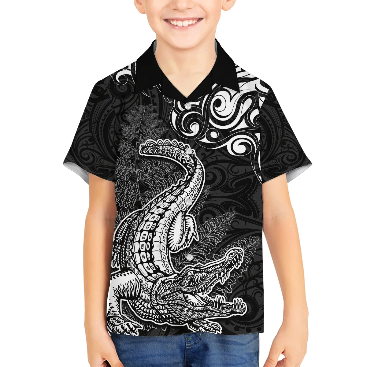 New Zealand Crocodile Tattoo and Fern Family Matching Long Sleeve Bodycon Dress and Hawaiian Shirt Maori Pattern LT03 Son's Shirt Black - Polynesian Pride