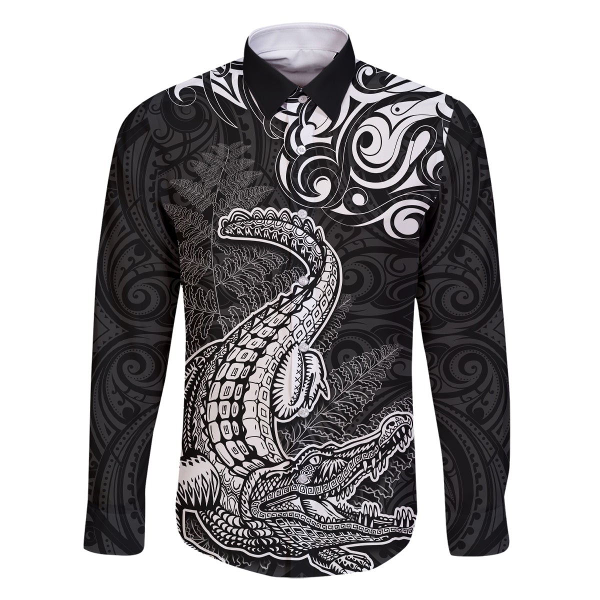 New Zealand Crocodile Tattoo and Fern Family Matching Mermaid Dress and Hawaiian Shirt Maori Pattern LT03 Dad's Shirt - Long Sleeve Black - Polynesian Pride