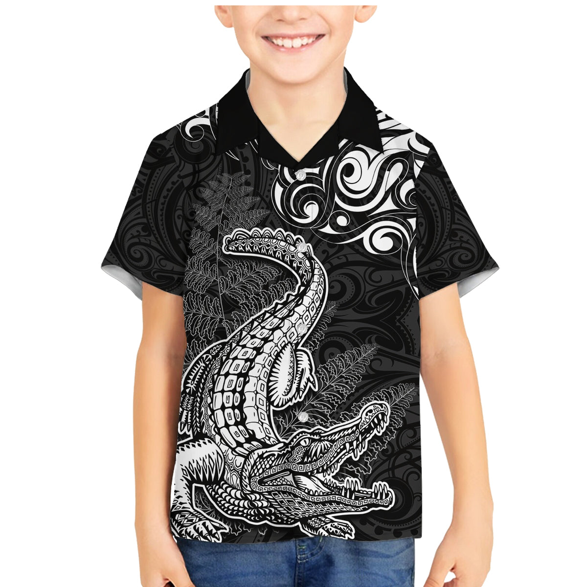 New Zealand Crocodile Tattoo and Fern Family Matching Mermaid Dress and Hawaiian Shirt Maori Pattern LT03 Son's Shirt Black - Polynesian Pride