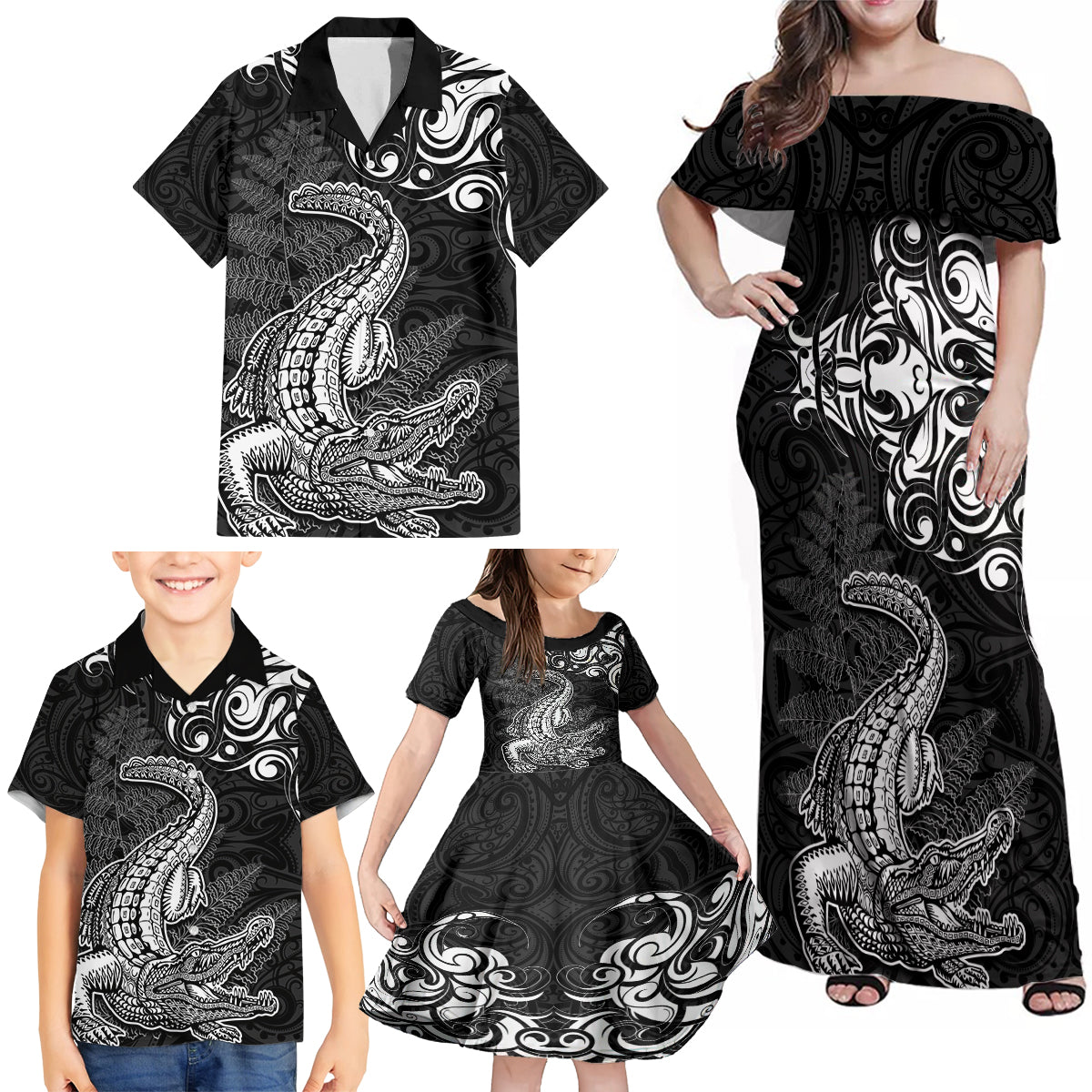 New Zealand Crocodile Tattoo and Fern Family Matching Off Shoulder Maxi Dress and Hawaiian Shirt Maori Pattern LT03 - Polynesian Pride