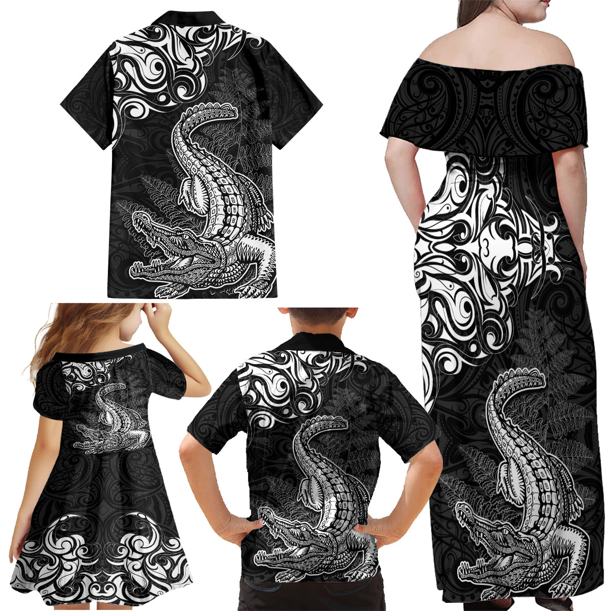 New Zealand Crocodile Tattoo and Fern Family Matching Off Shoulder Maxi Dress and Hawaiian Shirt Maori Pattern LT03 - Polynesian Pride