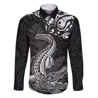 New Zealand Crocodile Tattoo and Fern Family Matching Off Shoulder Maxi Dress and Hawaiian Shirt Maori Pattern LT03 Dad's Shirt - Long Sleeve Black - Polynesian Pride