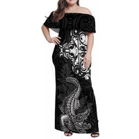 New Zealand Crocodile Tattoo and Fern Family Matching Off Shoulder Maxi Dress and Hawaiian Shirt Maori Pattern LT03 Mom's Dress Black - Polynesian Pride