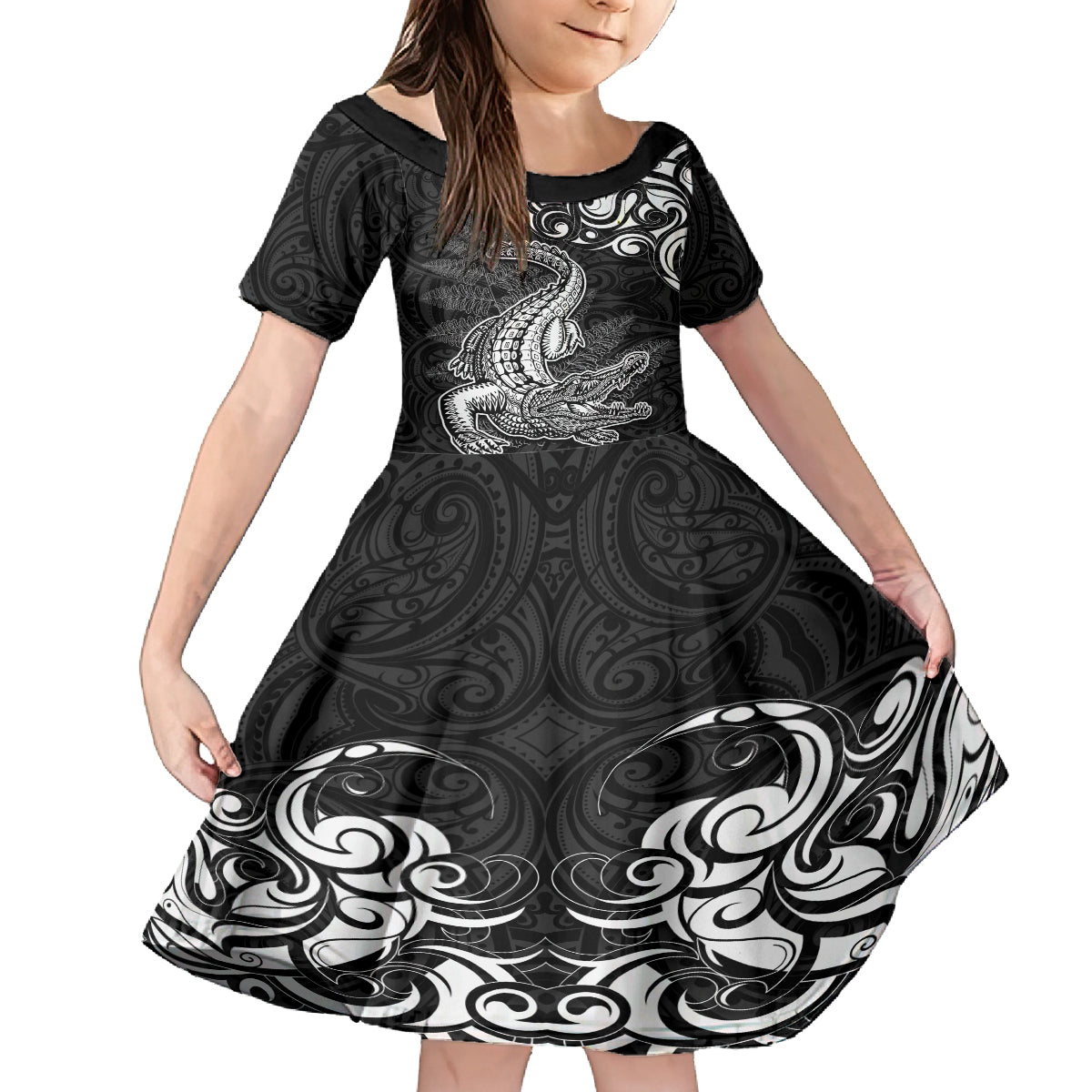 New Zealand Crocodile Tattoo and Fern Family Matching Puletasi and Hawaiian Shirt Maori Pattern LT03 Daughter's Dress Black - Polynesian Pride