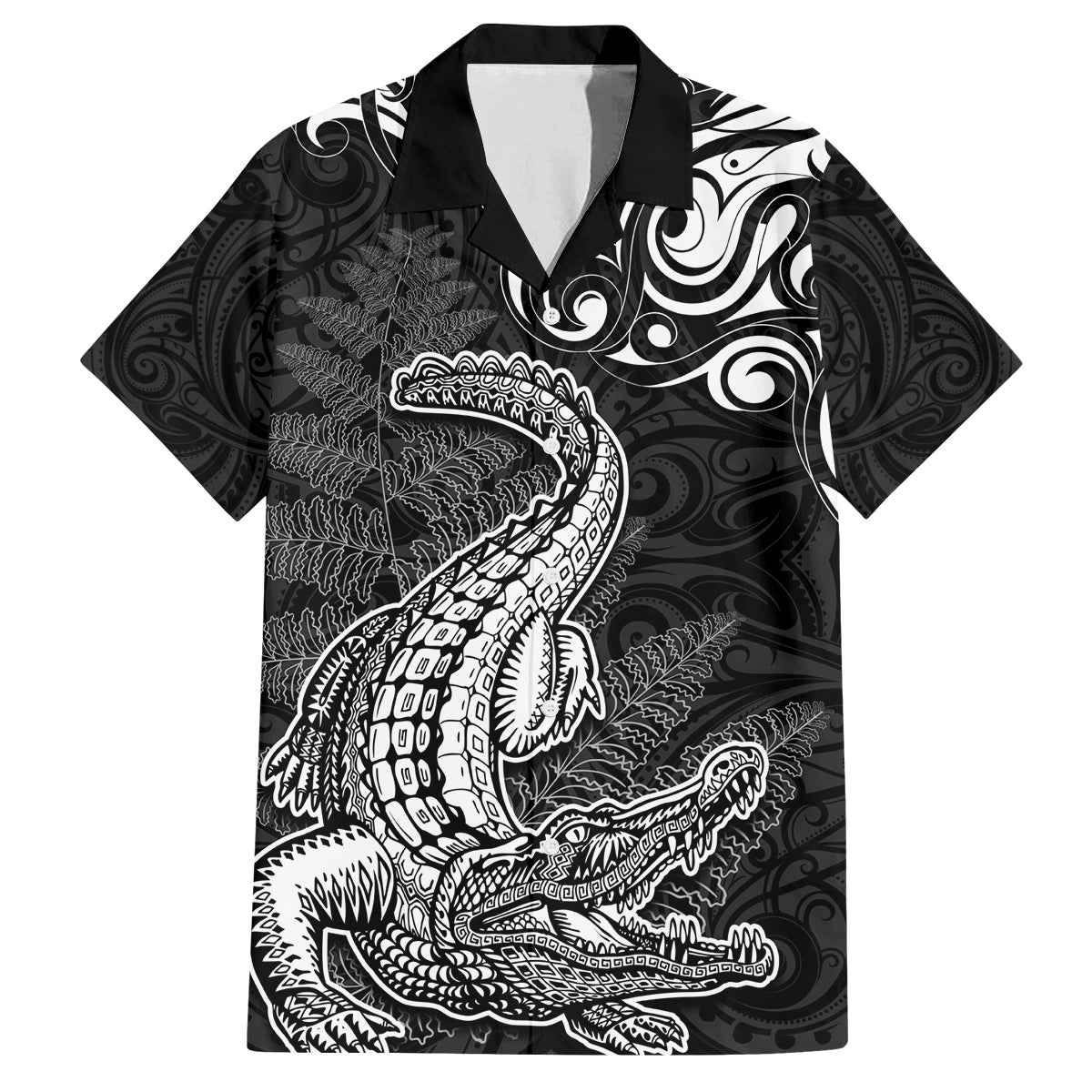 New Zealand Crocodile Tattoo and Fern Family Matching Puletasi and Hawaiian Shirt Maori Pattern LT03 Dad's Shirt - Short Sleeve Black - Polynesian Pride