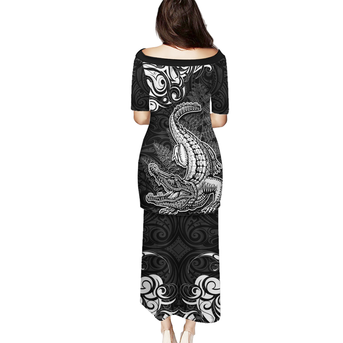 New Zealand Crocodile Tattoo and Fern Family Matching Puletasi and Hawaiian Shirt Maori Pattern LT03 - Polynesian Pride