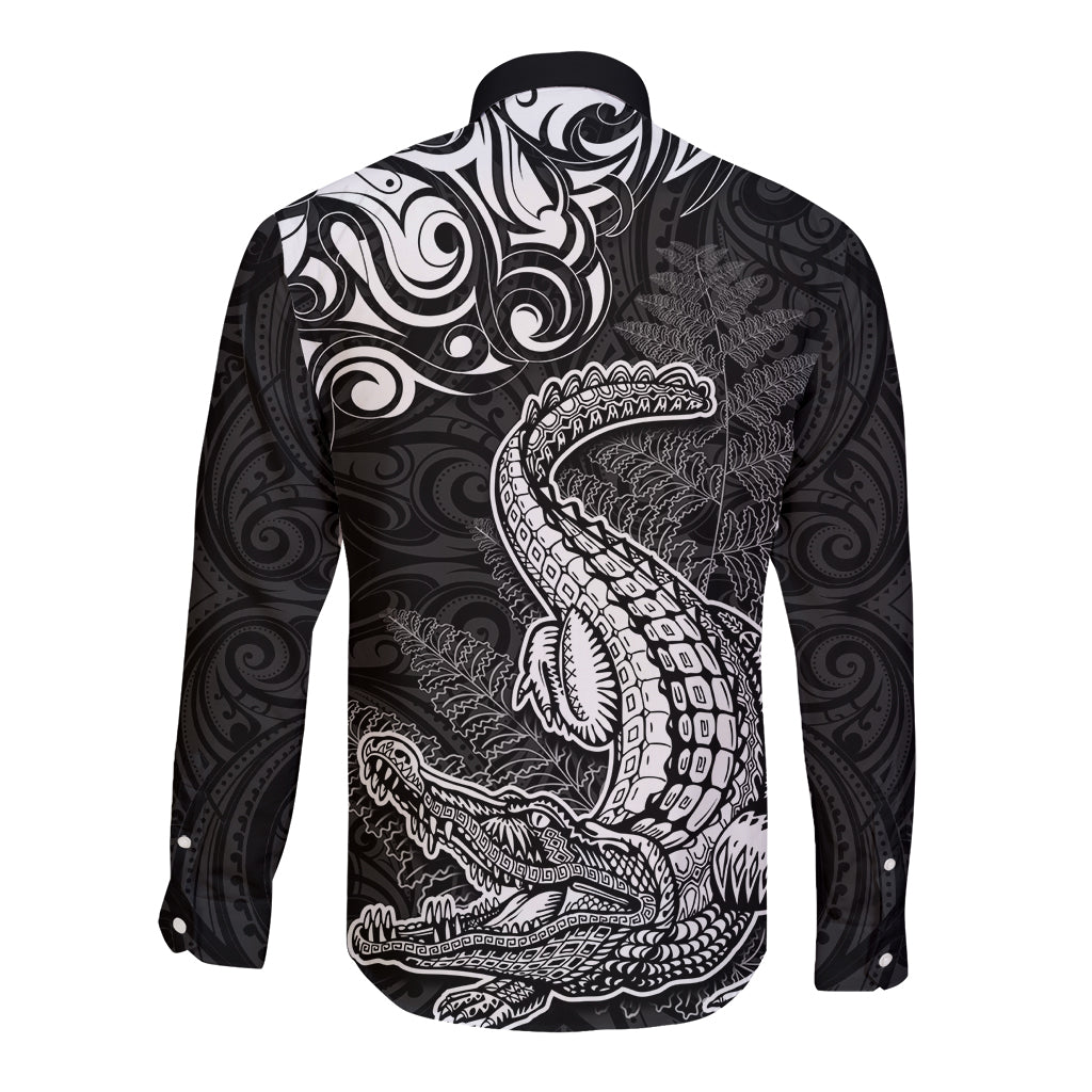 New Zealand Crocodile Tattoo and Fern Long Sleeve Button Shirt Maori Pattern