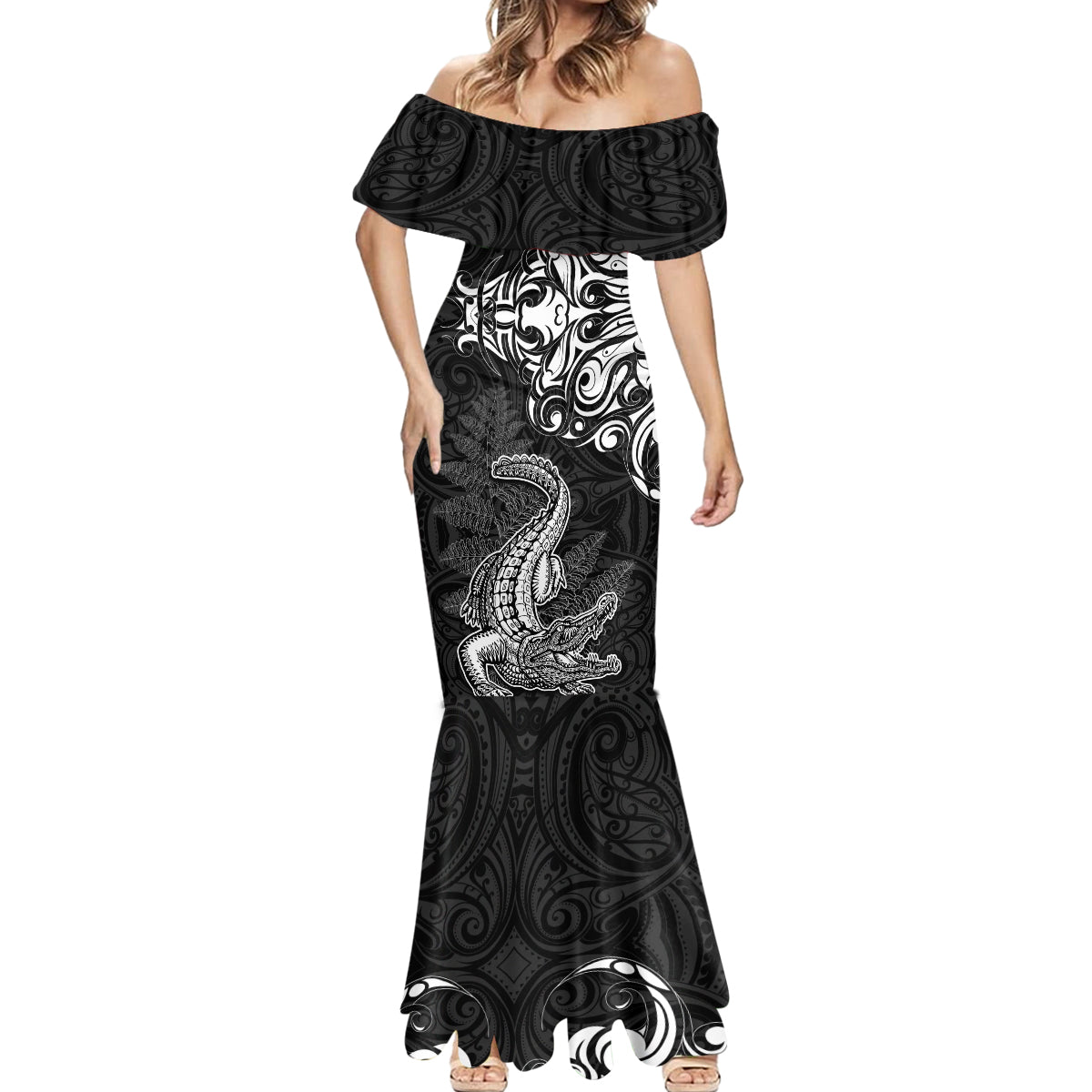 New Zealand Crocodile Tattoo and Fern Mermaid Dress Maori Pattern