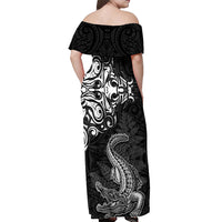 New Zealand Crocodile Tattoo and Fern Off Shoulder Maxi Dress Maori Pattern