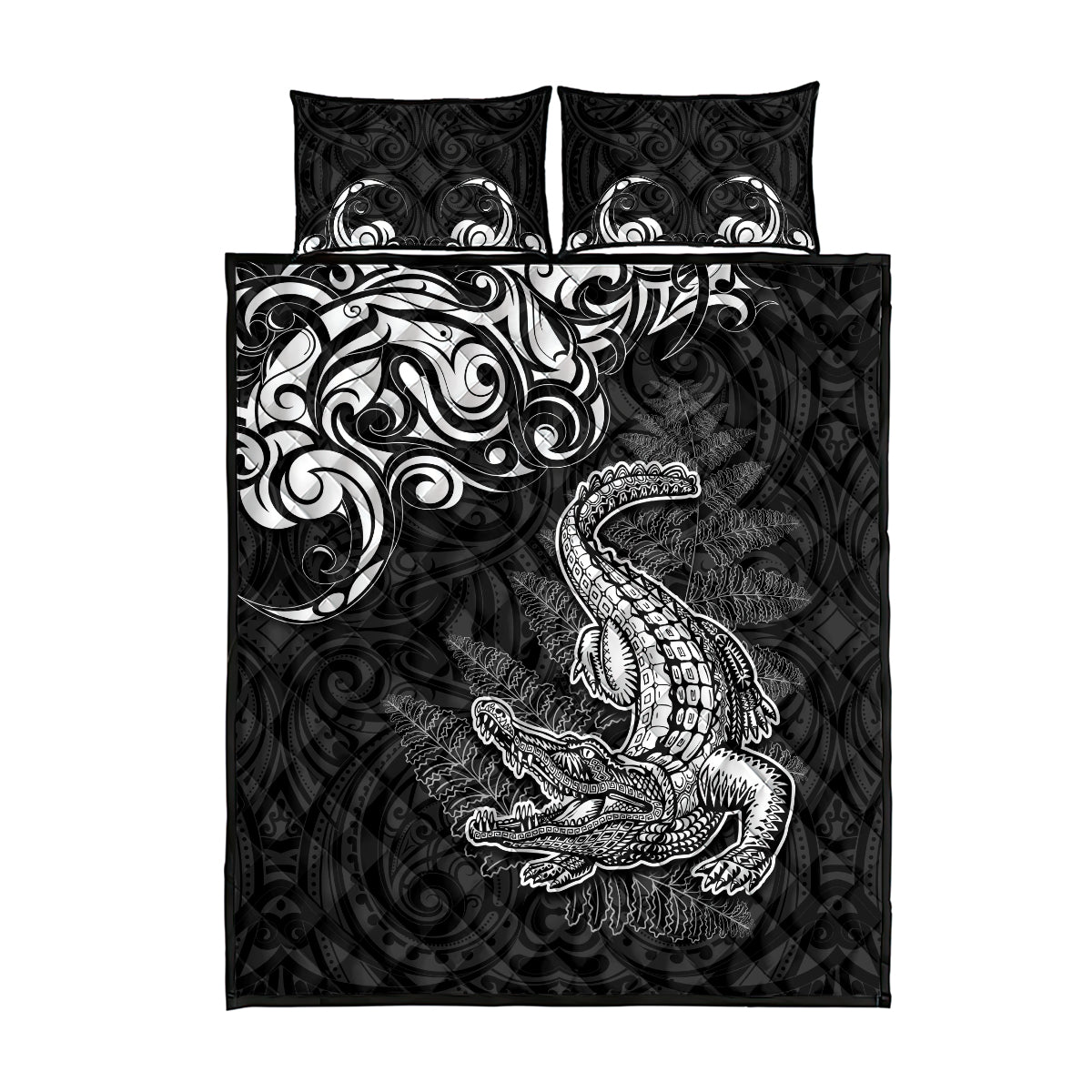 New Zealand Crocodile Tattoo and Fern Quilt Bed Set Maori Pattern