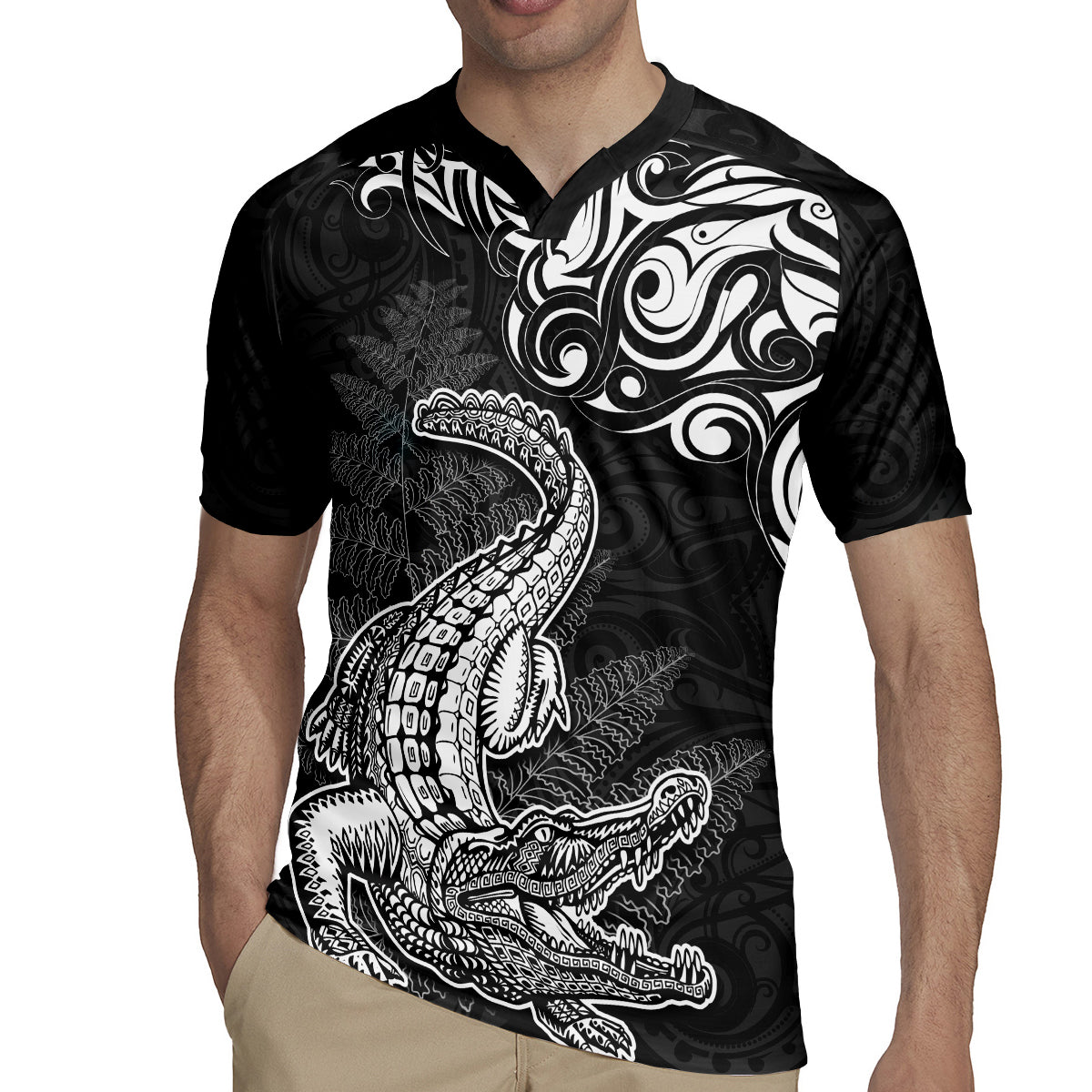 New Zealand Crocodile Tattoo and Fern Rugby Jersey Maori Pattern