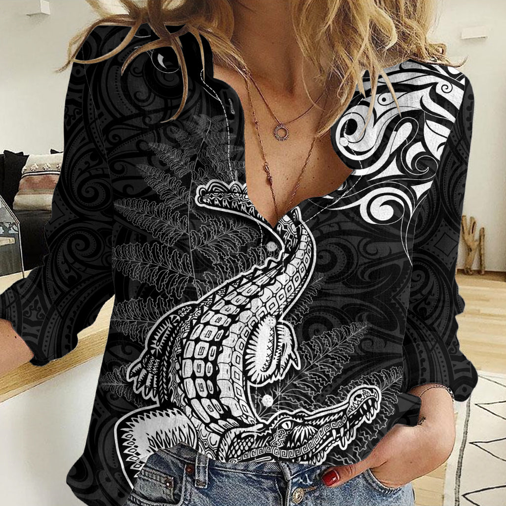 New Zealand Crocodile Tattoo and Fern Women Casual Shirt Maori Pattern LT03 Female Black - Polynesian Pride