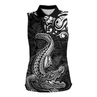 New Zealand Crocodile Tattoo and Fern Women Sleeveless Polo Shirt Maori Pattern