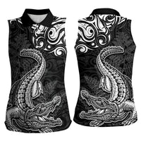 New Zealand Crocodile Tattoo and Fern Women Sleeveless Polo Shirt Maori Pattern